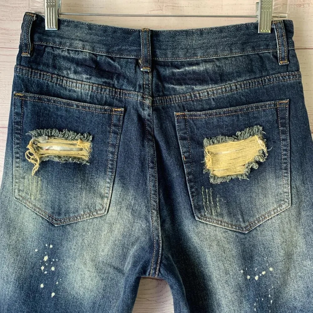 Qimu Fashion Mens Distressed Denim Jean Shorts Paint Splatter Size 30